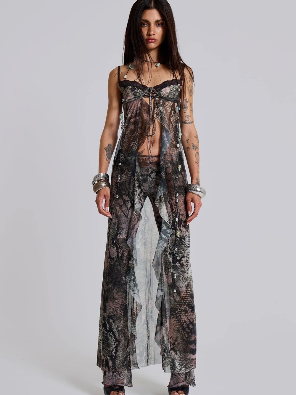 Jaded London Sheer Snake-Print Maxi Slip Dress - Black, Brown